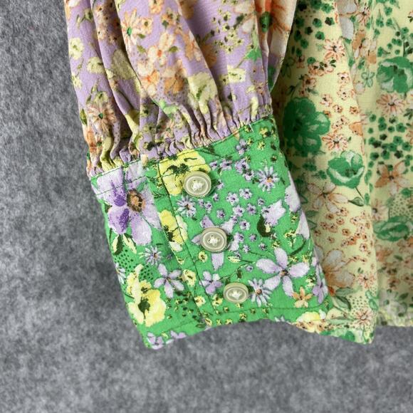 LOFT Floral Crepe Patchwork Top Women Large Blouse Colorful Ditsy Balloon Sleeve - Picture 6 of 14